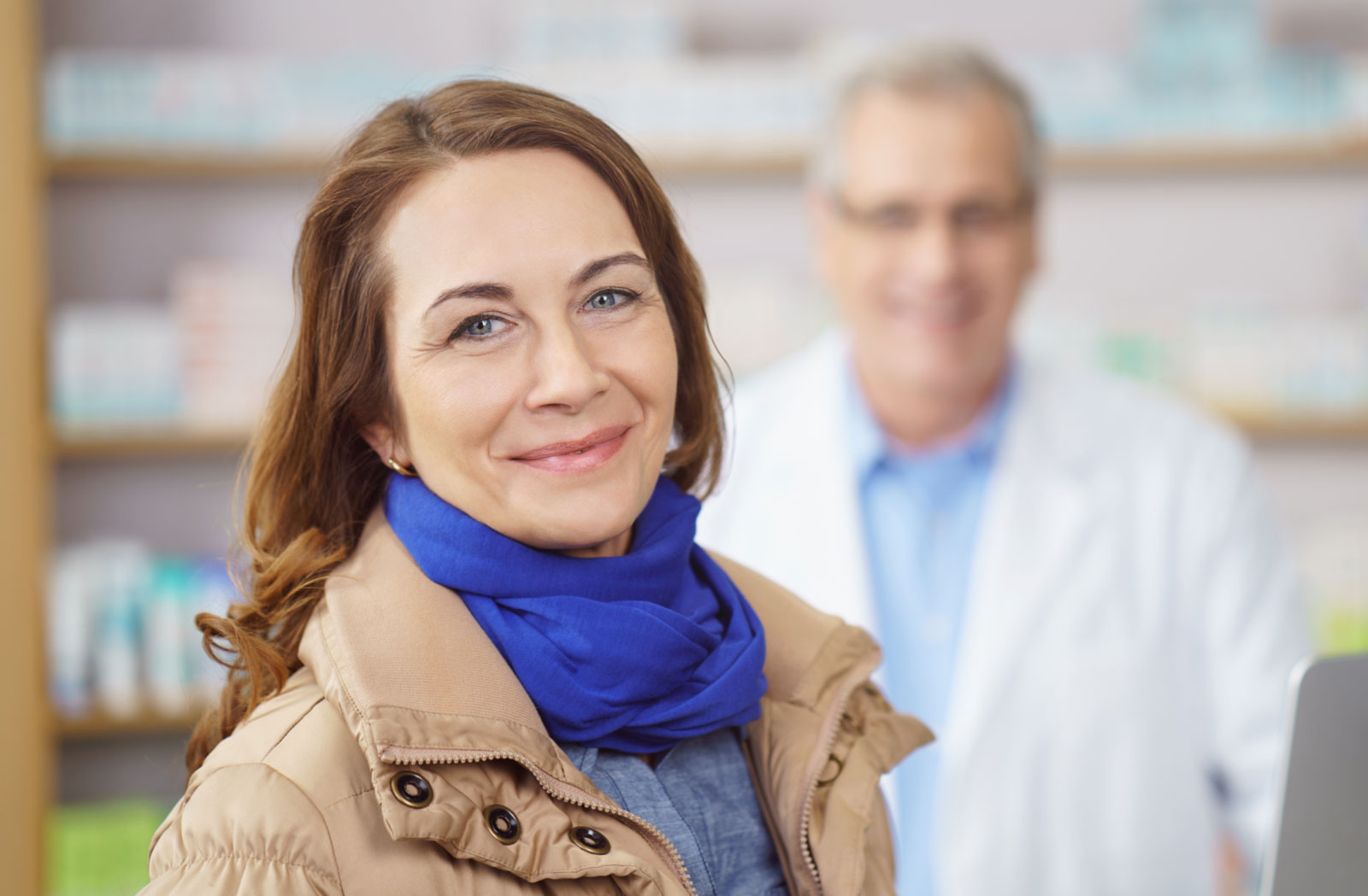 a middle-aged female patient attending a pharmacy