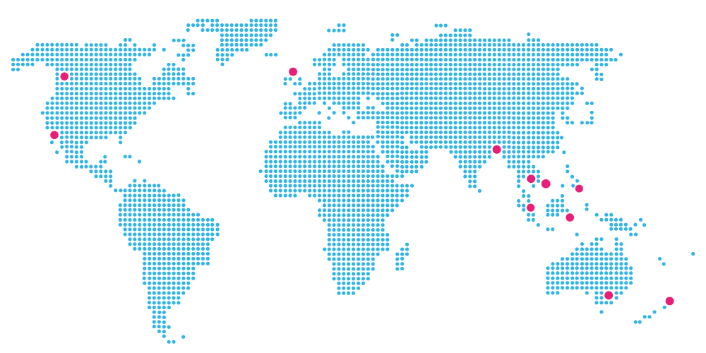 a stylized world map showing myDNA global operations locations