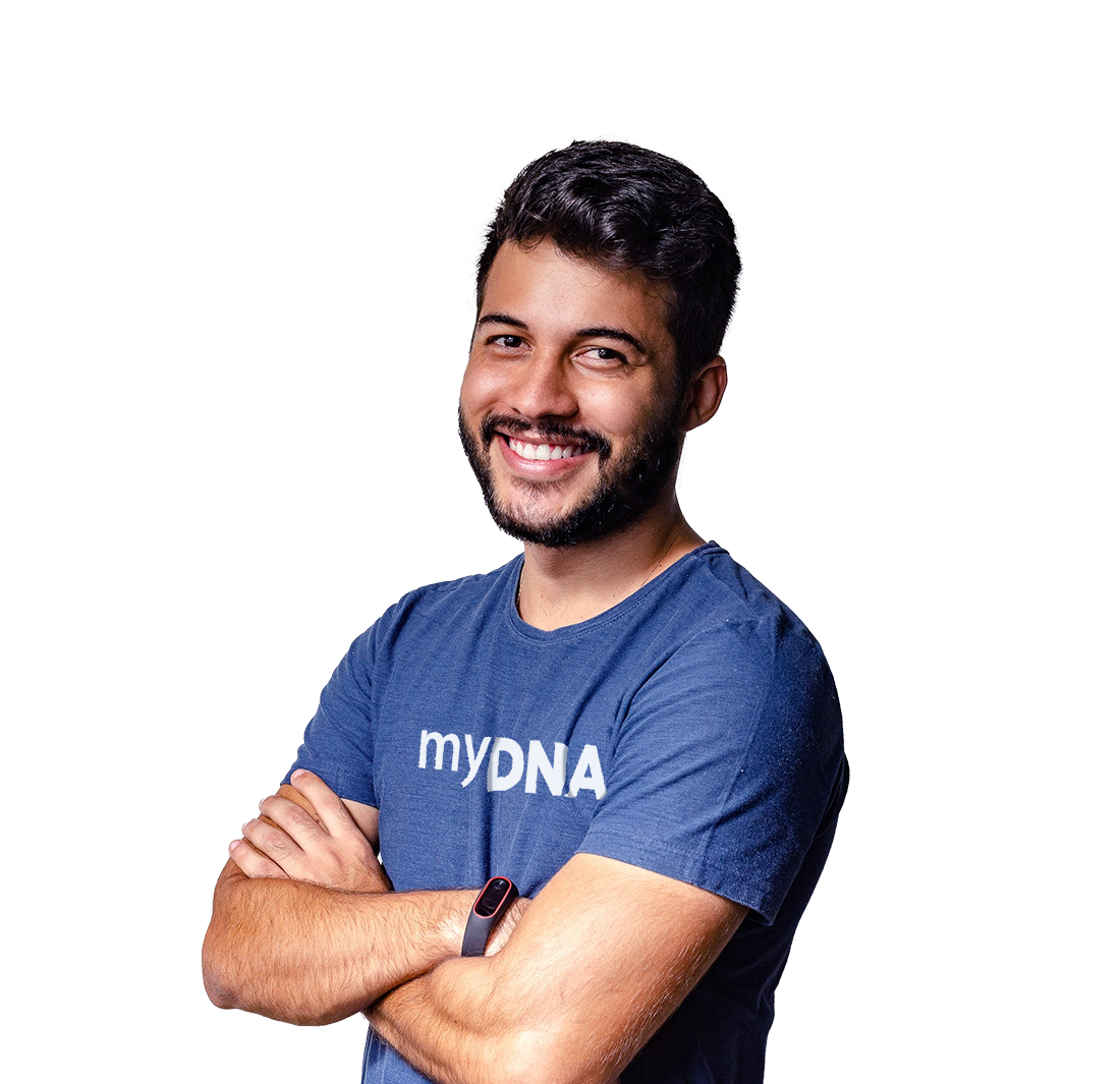 a smiling man wearing a blue myDNA T shirt