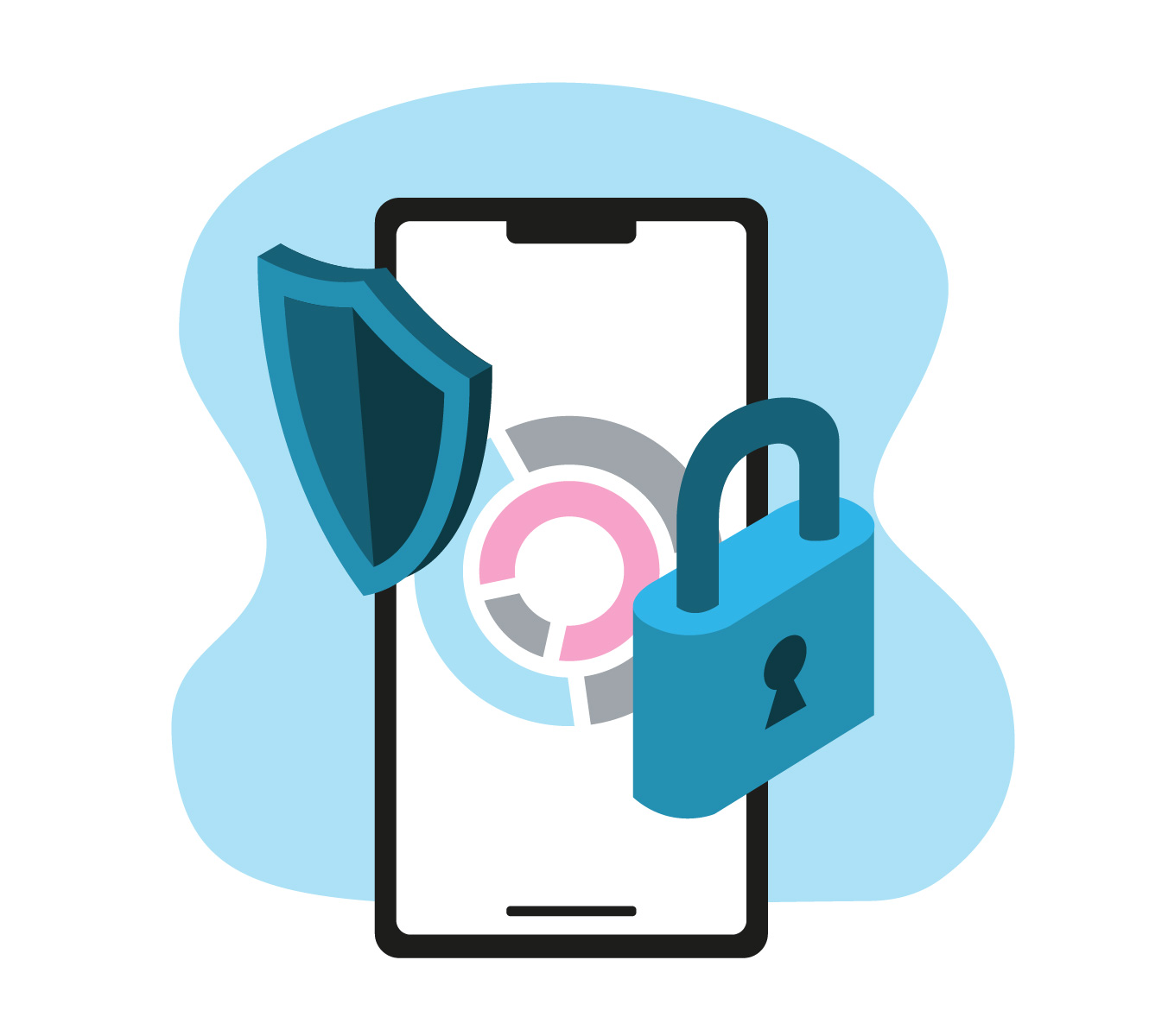 a diagram of a lock and shield on a phone representing data security