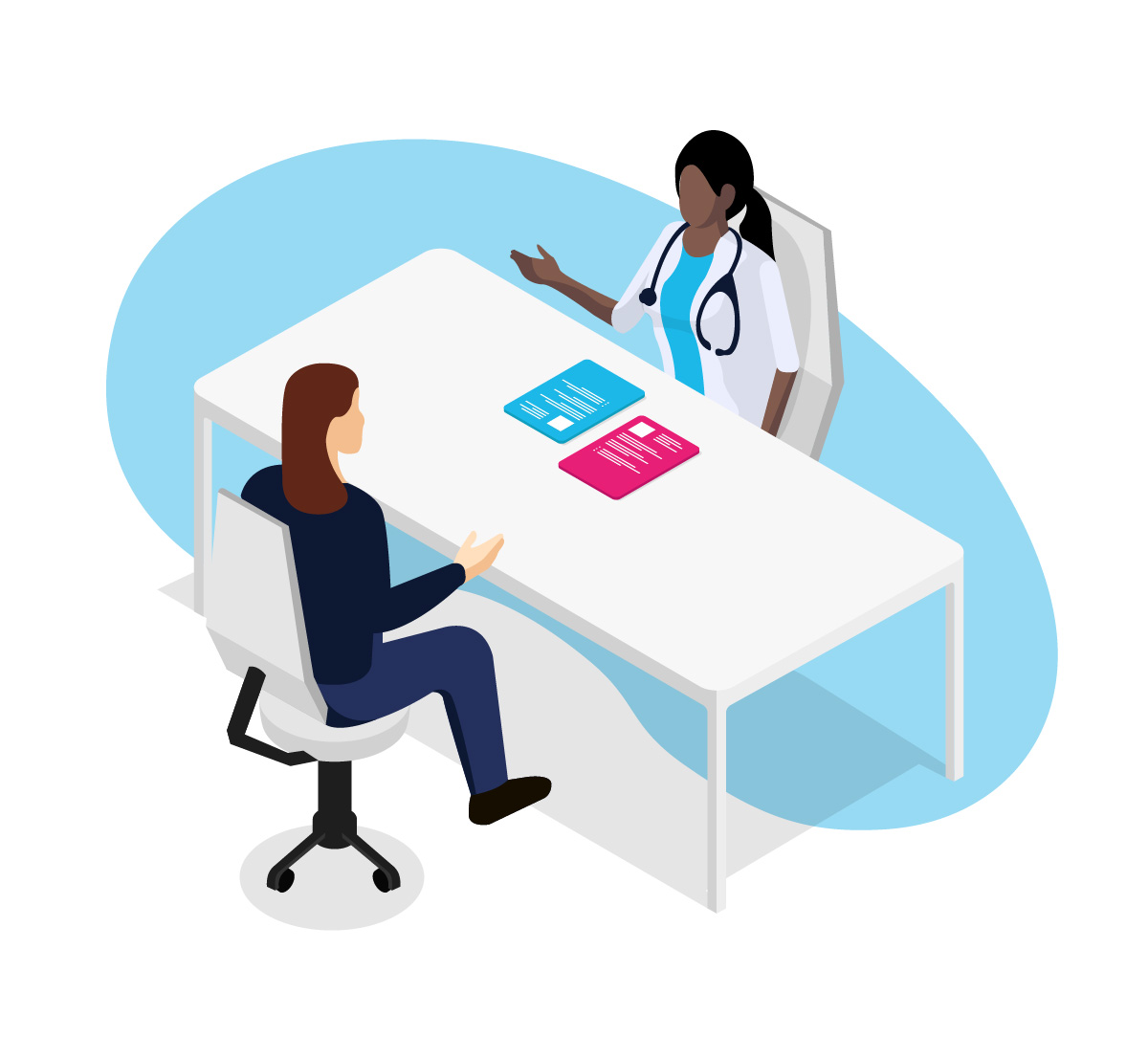 a diagram of a woman having a consultation with a doctor