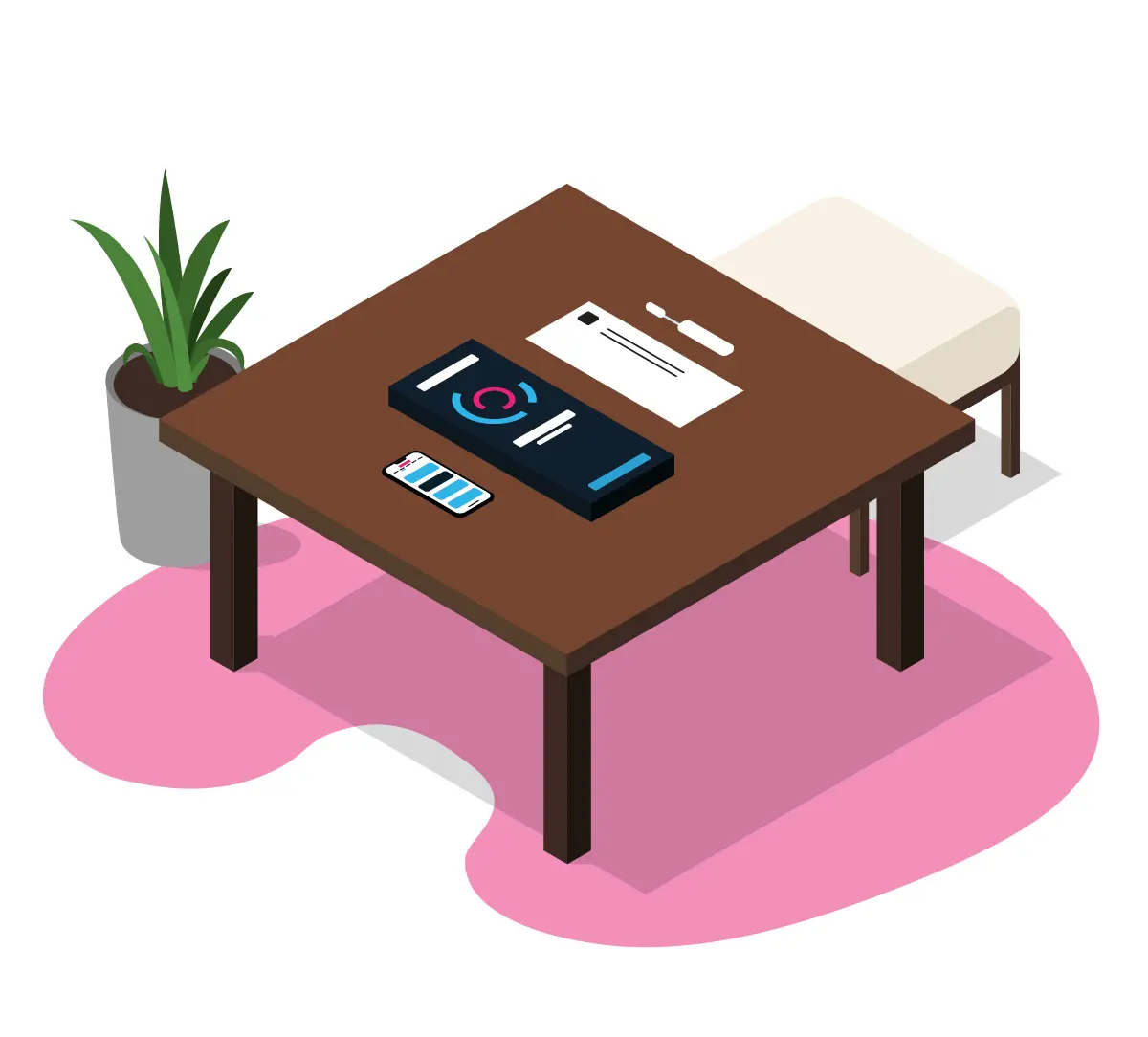 process_swab-at-home a diagram of a table with a test kit, swab, and myDNA Unlocked app on a phone
