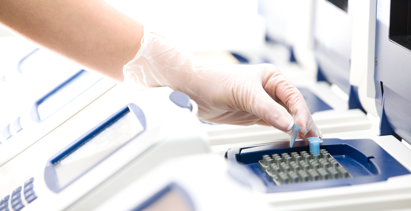 a person in lab gloves putting samples into a DNA testing machine