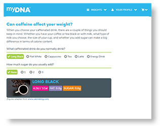 A screenshot of the caffeine calculator from the myDNA portal