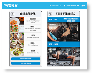 A screenshot of the fitness and meal plans from the myDNA portal