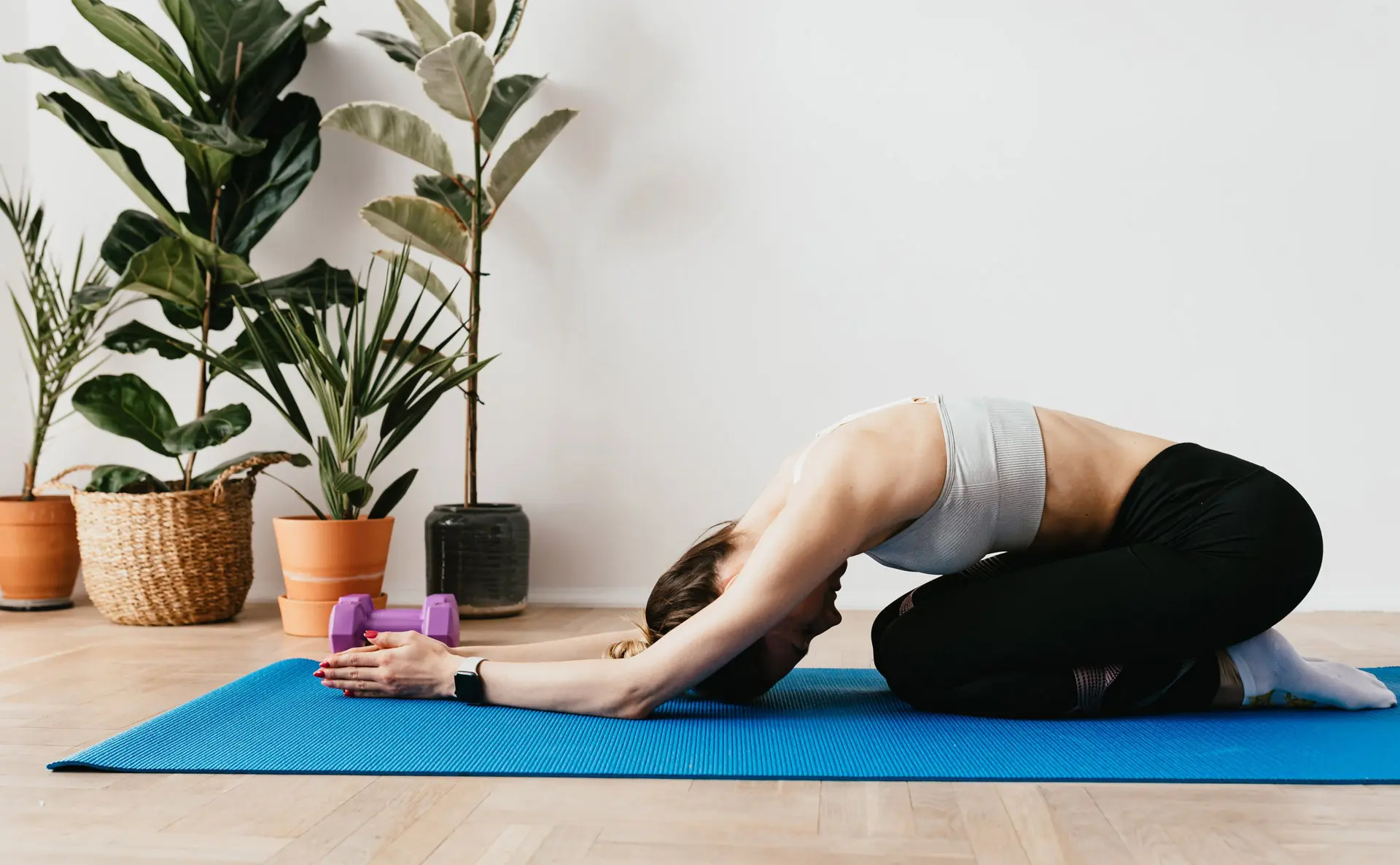 home-workouts a woman in sports clothes doing yoga at home on a blue yoga mat with plants in the background