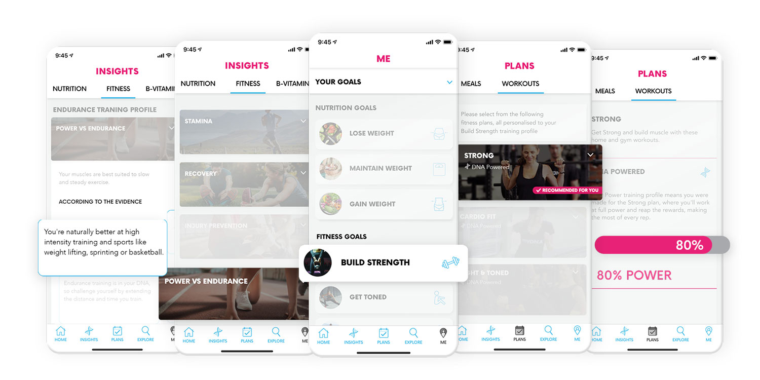 myDNA Unlocked App screenshots showing Sarah's Fitness plans and goals