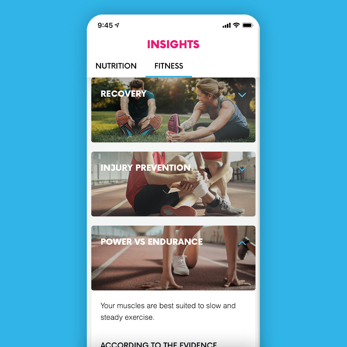 a screenshot of the myDNA app fitness insights on a blue background