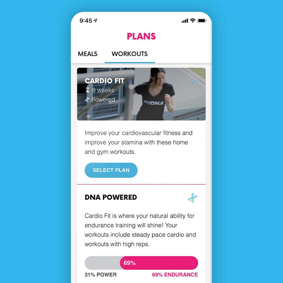 a screenshot of the myDNA app workout plan select on a blue background