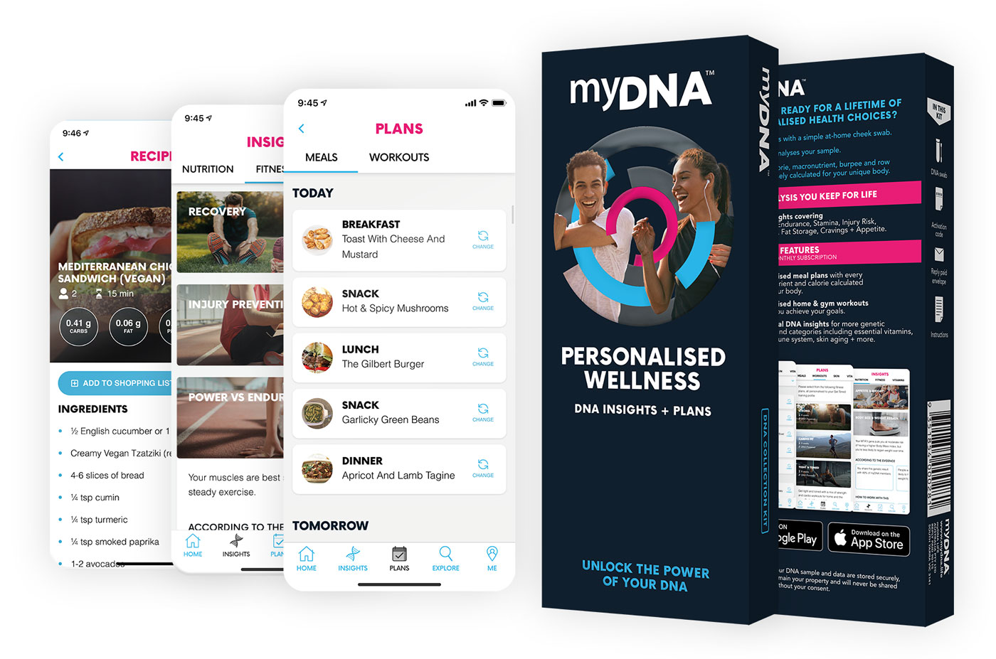 two myDNA Personalised wellness kits and app screenshots from the myDNA Unlocked App