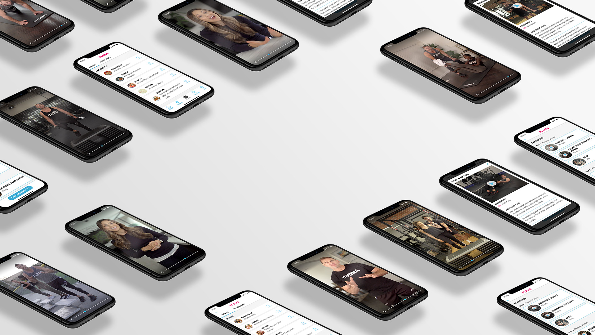 floating-phone-screens an assortment of phones showing videos and plans from the myDNA Unlocked app