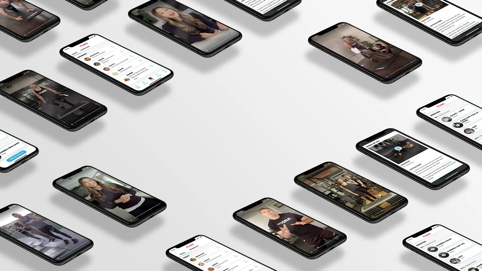floating-phone-screens an assortment of phones showing videos and plans from the myDNA Unlocked app