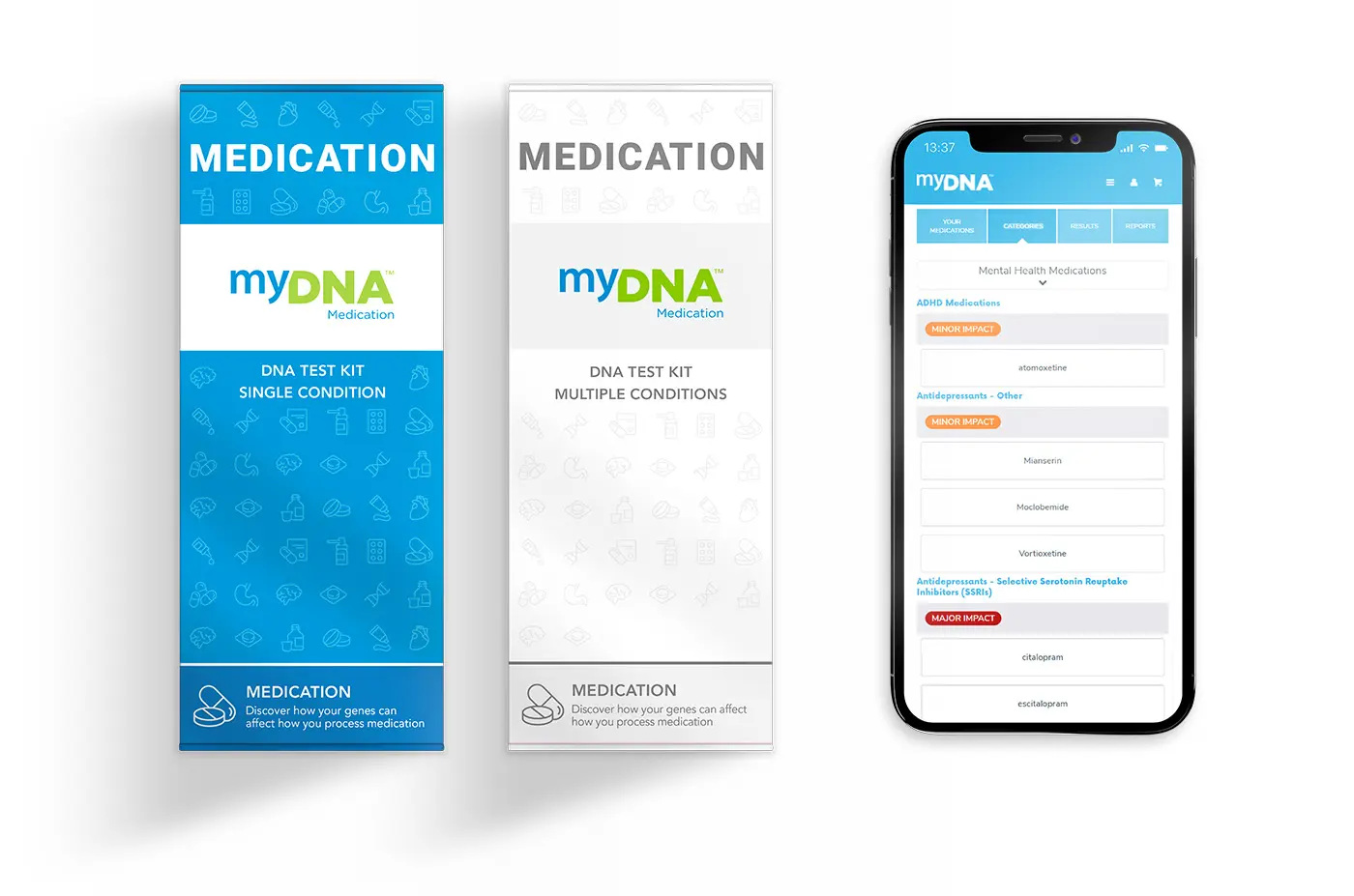 myDNA Medications Kits and a phone showing the online portal