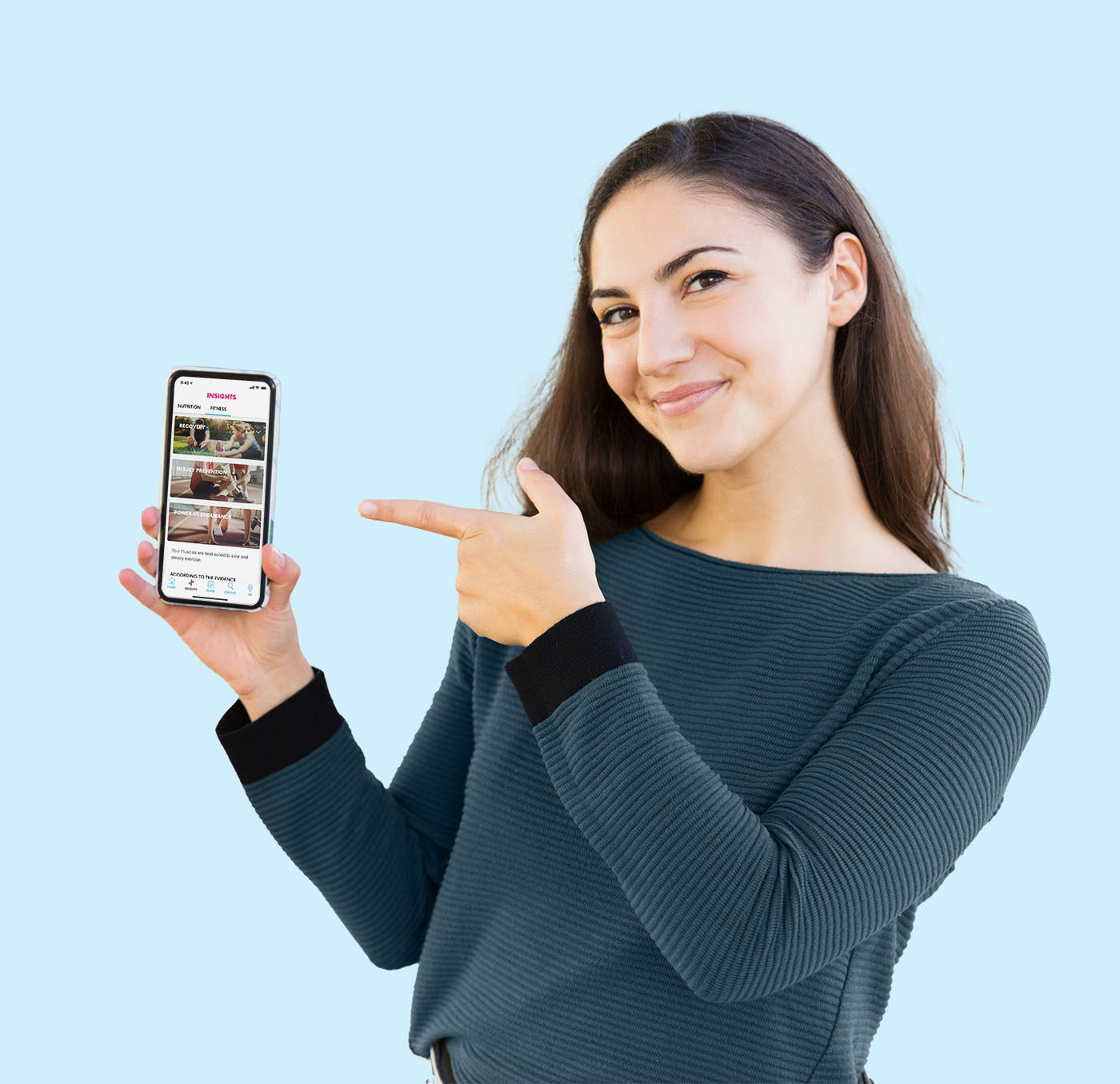 a smiling woman holding up a phone with the myDNA Unlocked App