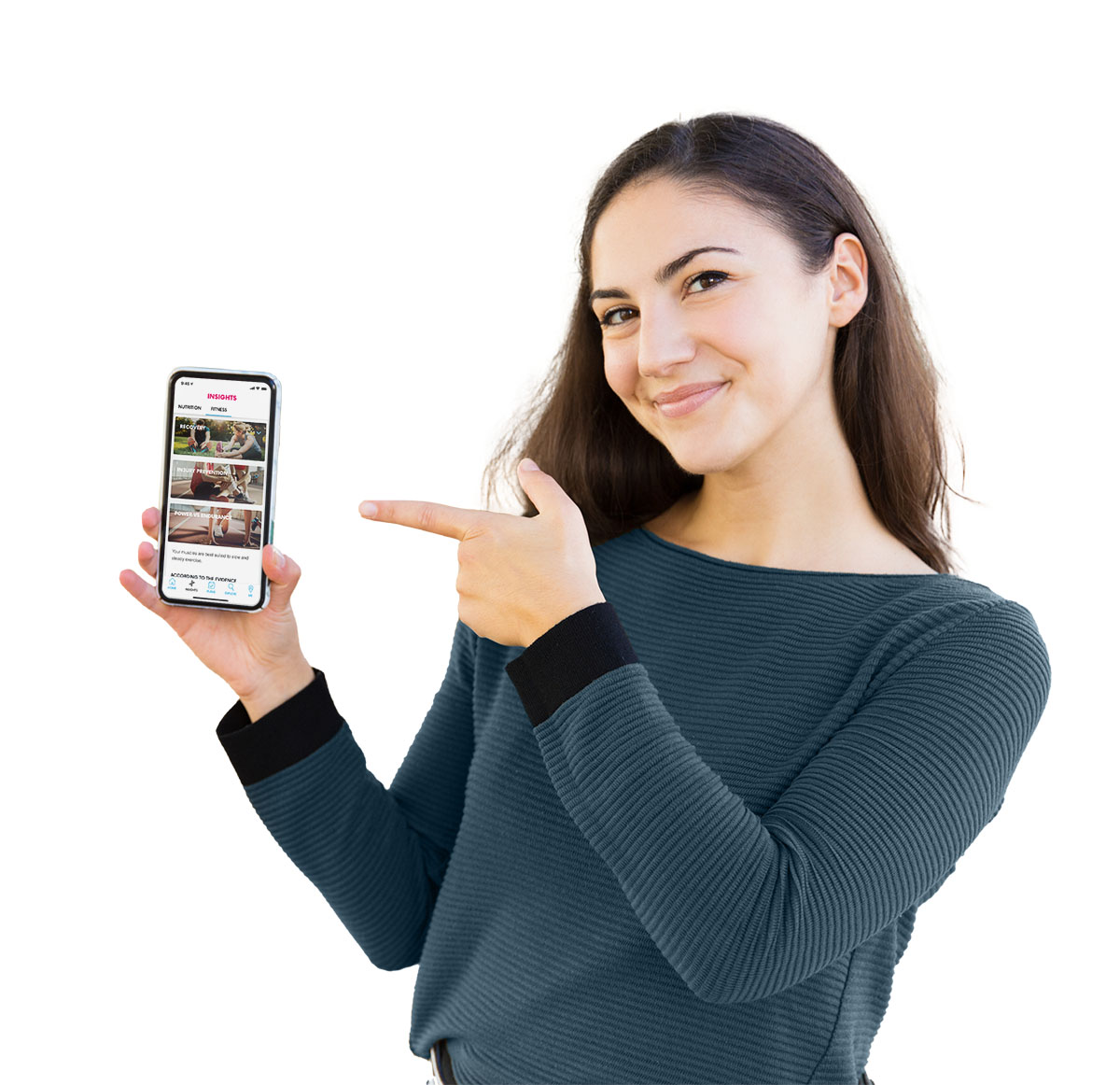 a smiling woman holding up a phone with the myDNA Unlocked App