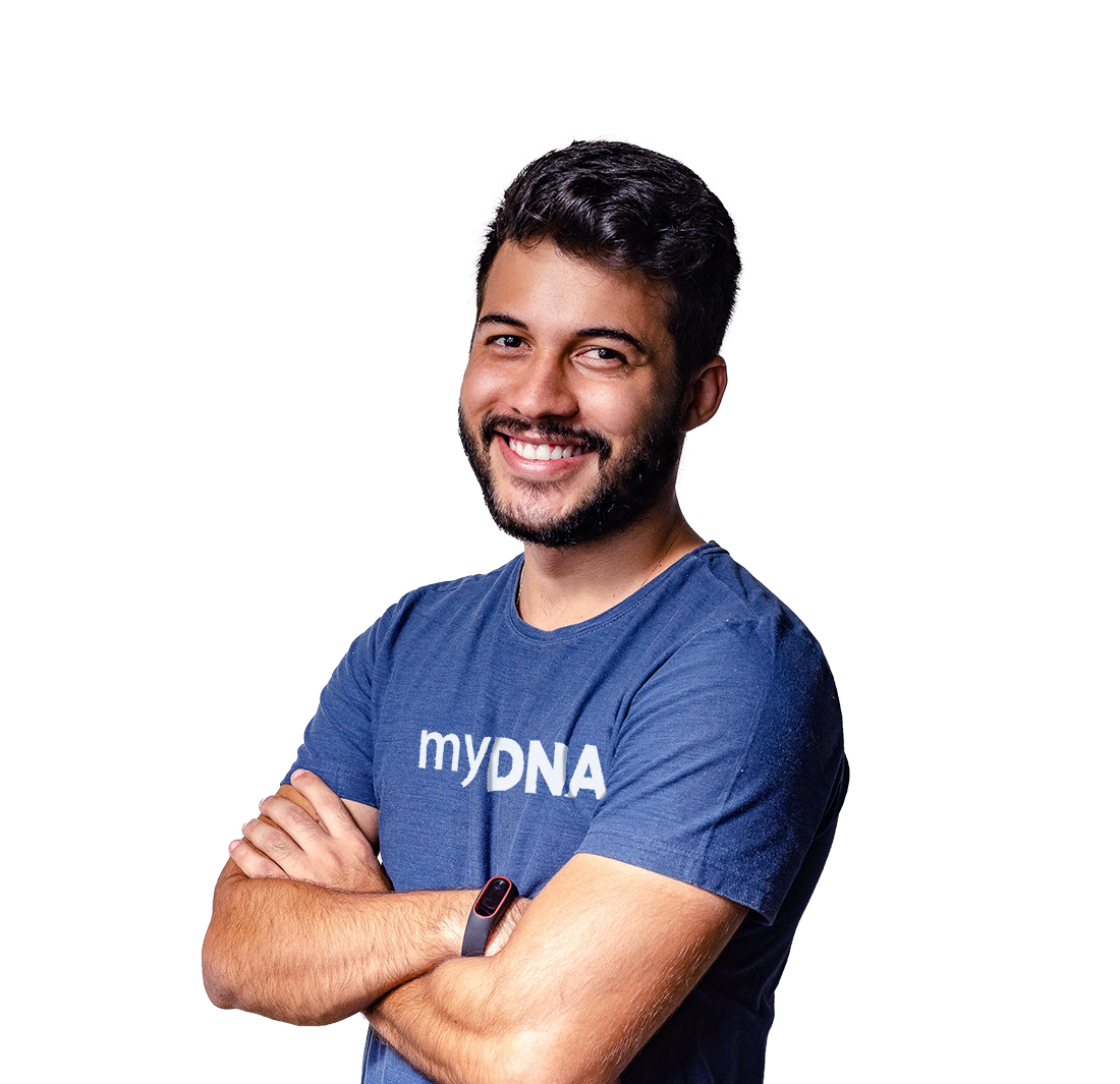 a smiling man wearing a blue myDNA T shirt