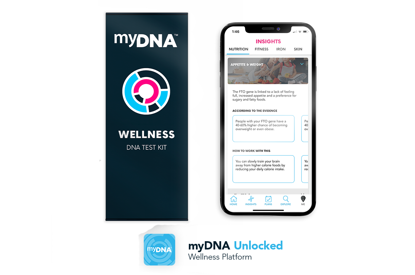 a myDNA Personalised Wellness Kit and a phone showing features of the myDNA Unlocked app