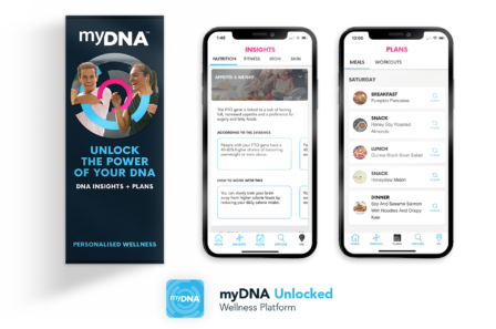 a myDNA Personalised Wellness Kit and a phone showing features of the myDNA Unlocked app