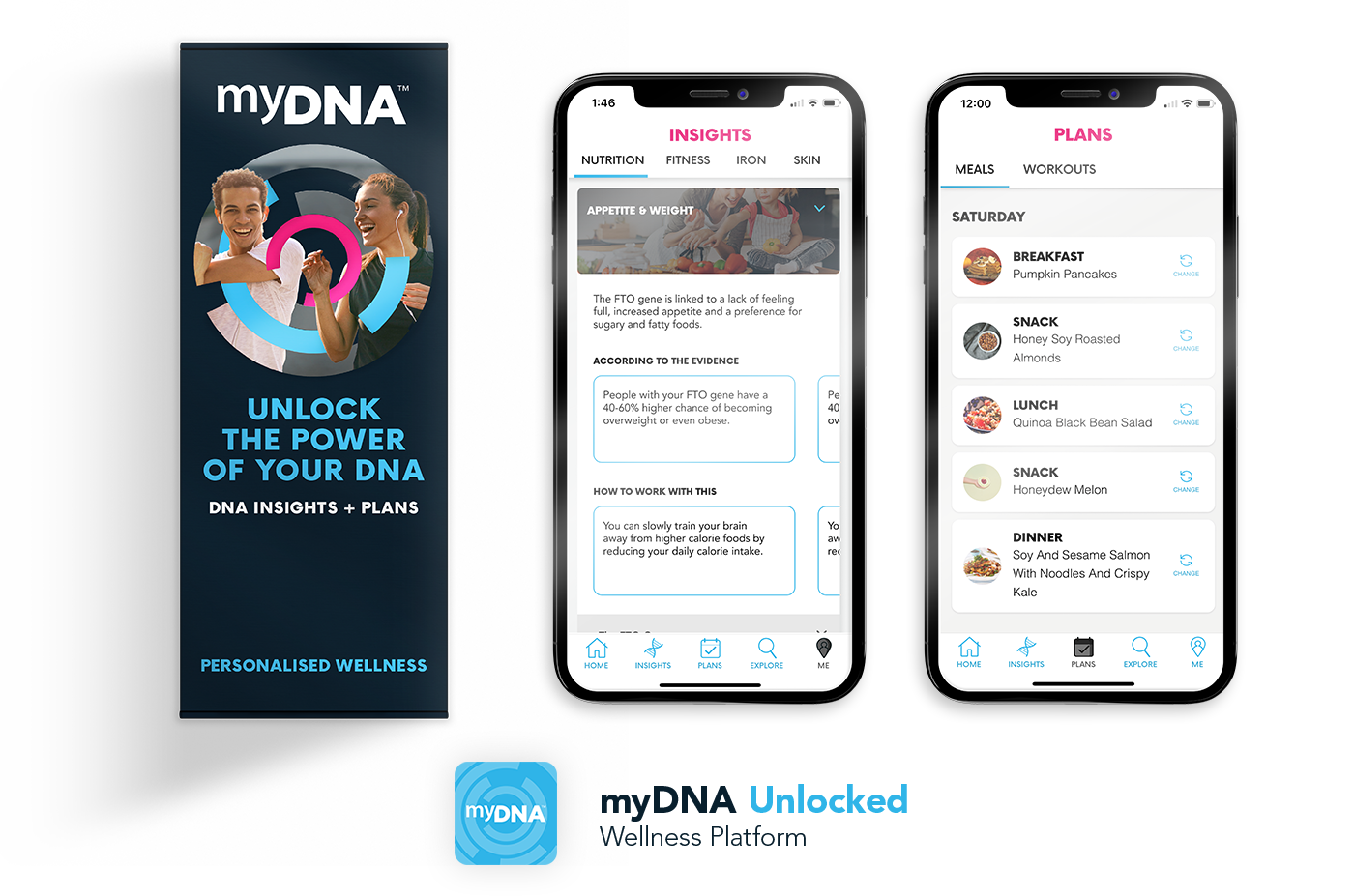 a myDNA Personalised Wellness Kit and a phone showing features of the myDNA Unlocked app