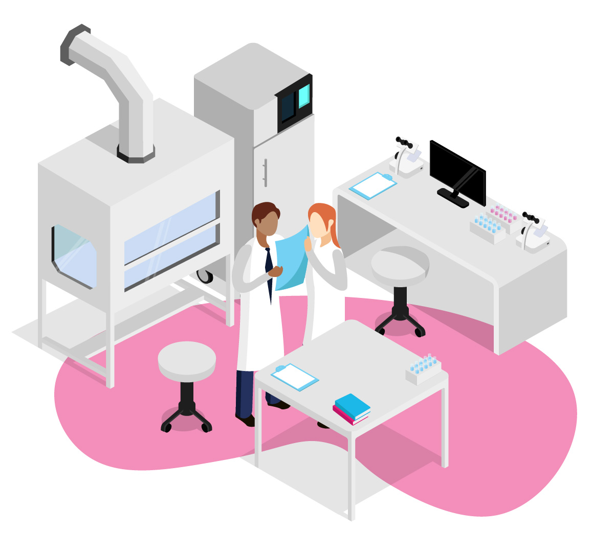 a diagram of two scientists in a laboratory analysing samples